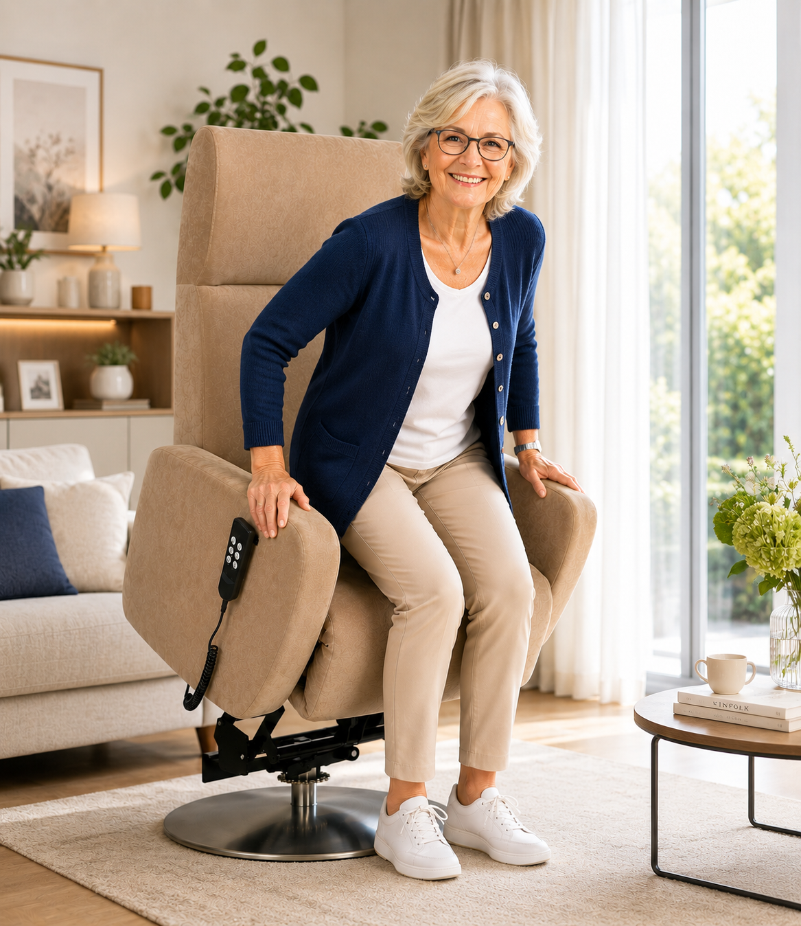 Seniorin steht sicher aus einem beigen Devita Aufstehsessel auf